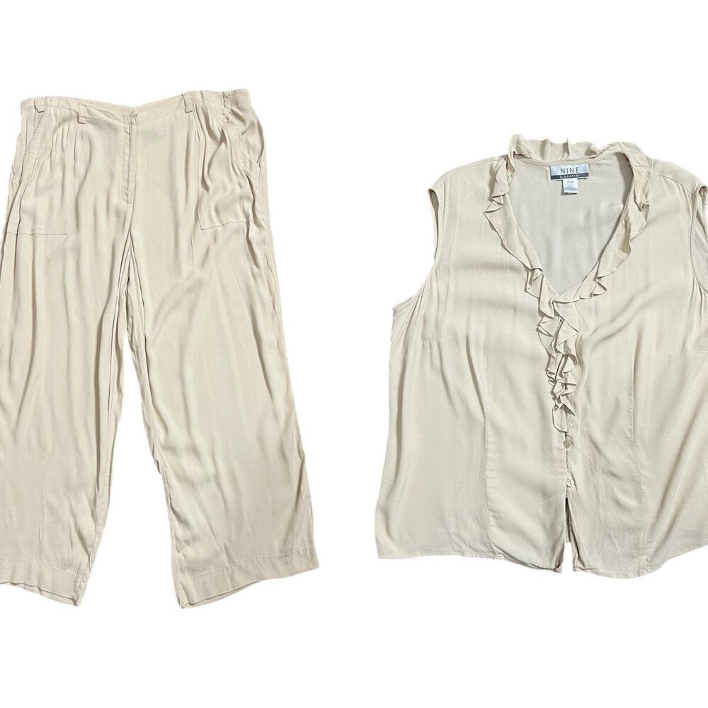 Nine & Company 2 Piece Set 18/20 Plus Beige Pants & Top Wide Leg Ruffle Outfit